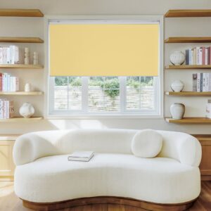 Sleek architectural window setup featuring a functional sutton yellow roller shade keeping glare entirely outside the room.