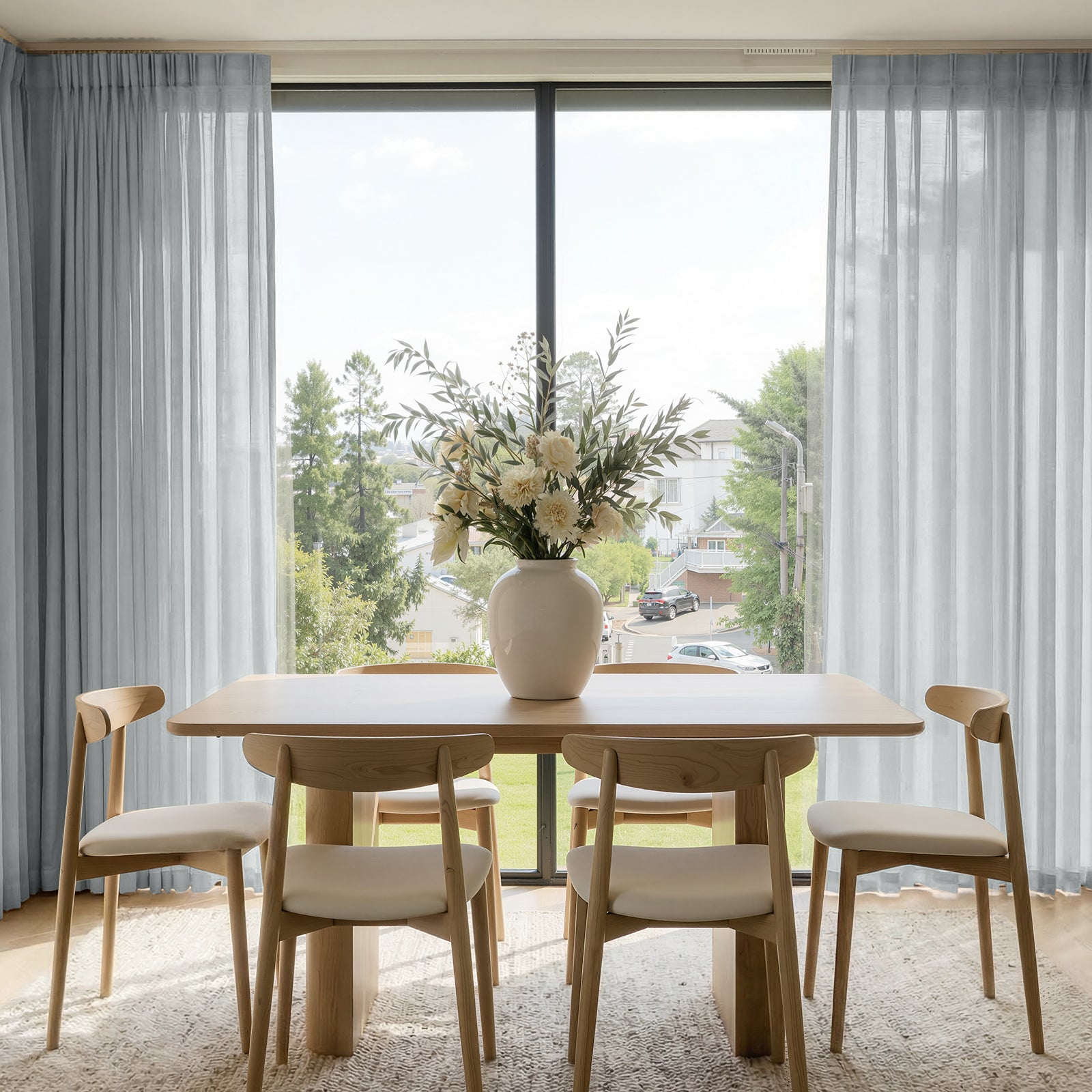 Willow Lightweight Linen Blend Sheer Curtain - Greyish White 1 Polished apartment layout focusing on the crisp horizontal fall profile of a tailored sheer curtain greyish white set.
