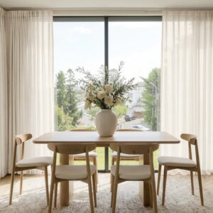 Sleek architectural space highlighting how an integrated linen sheer curtain off white installation handles incoming reflections gracefully.
