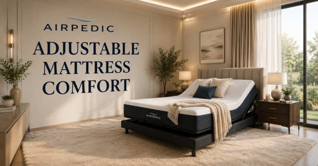 Adjustable AirPedic mattress review showing a customizable bed with elevated comfort, pressure relief support, and luxury bedding in a modern bedroom.