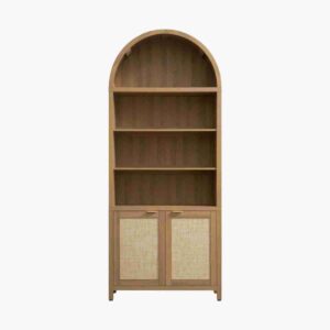 Beautifully designed arched bookcase caramel for home libraries.