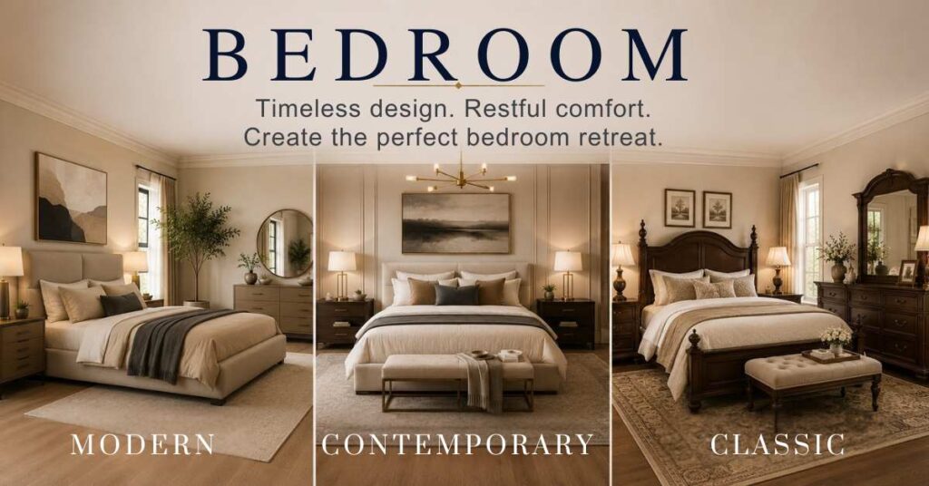 Bedroom Furniture 1 Luxury bedroom showroom featuring modern, contemporary and classic bedroom furniture styles