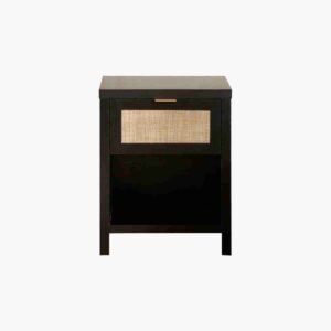 Black oak boho nightstand with drawer storage and compact design for modern bedroom organization and use.