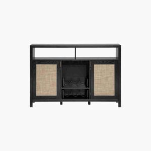 Stylish black oak bar cabinet with glass holder for home entertainment.