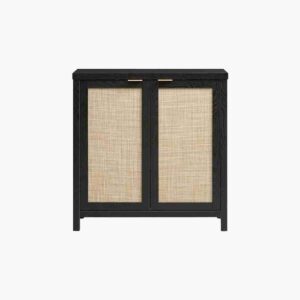 Black oak buffet cabinet with hidden storage and modern organization for stylish dining room functionality.
