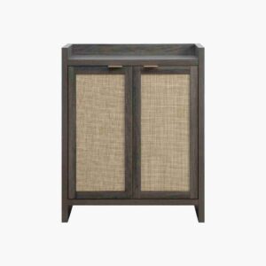 Versatile black oak console table with lower shelves for display.