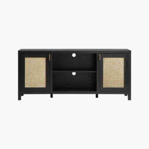 Modern black oak tv stand with mesh accents for media storage.
