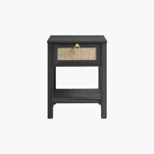 Unique black rattan nightstand in an obsidian finish for edgy decor.