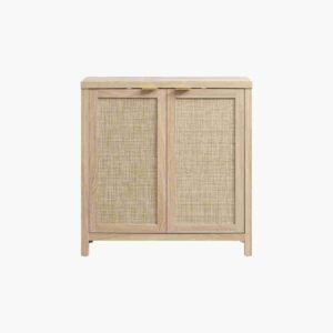 Light oak boho buffet cabinet in reclaimed finish with spacious hidden storage for stylish dining room organization.