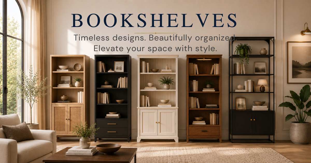 Modern Bookshelves and Home Office Bookcases Collection A beautifully styled living room banner showcasing five distinct modern bookshelves in light oak, black, white, and dark wood finishes, organized with books and potted plants with the text overlay "Bookshelves: Timeless designs. Beautifully organized.