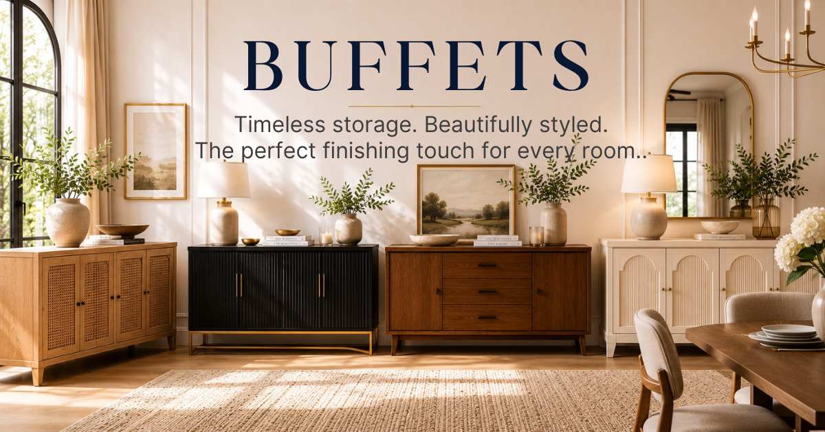 Timeless Buffets and Dining Room Storage Collection A beautifully styled dining room banner showcasing four distinct modern buffets in light wood, black, and white, decorated with table lamps, greenery, and artwork with the text overlay "Buffets: Timeless storage. Beautifully styled."