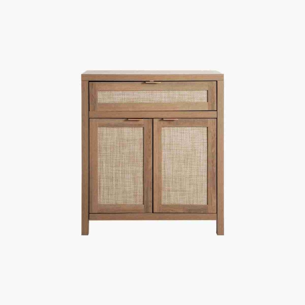 Caramel oak buffet with doors and hidden storage for stylish dining room organization and functionality.
