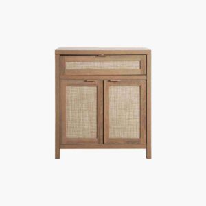 Caramel oak buffet with doors and hidden storage for stylish dining room organization and functionality.