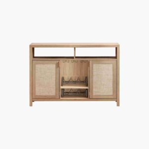 Caramel oak bar cabinet with spacious storage and elegant organization for stylish dining room entertaining use.