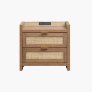 Functional caramel oak nightstand with built in charging station.
