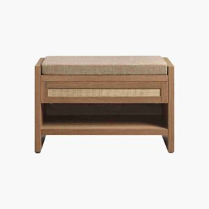 Convenient caramel oak shoe bench with hidden storage for entryways.