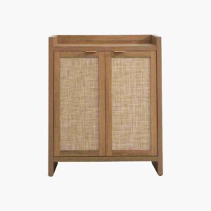 Space saving caramel oak shoe cabinet designed for up to 24 pairs.