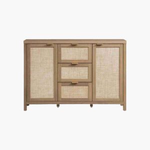 Caramel oak sideboard cabinet with spacious storage and modern organization for elegant dining room functionality.