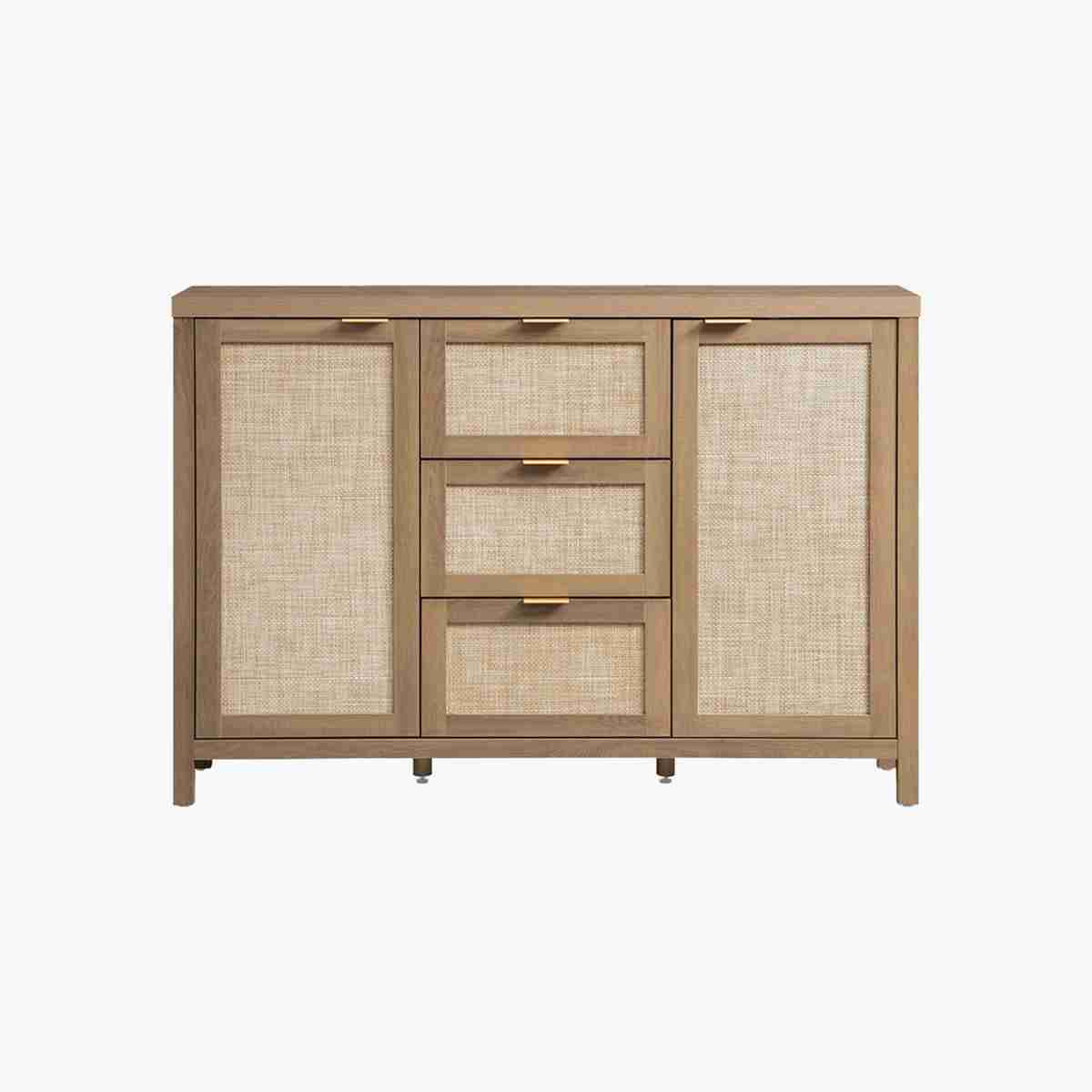 Savanna Sideboard Cabinet in Caramel Oak 1 Caramel oak sideboard cabinet with spacious storage and modern organization for elegant dining room functionality.