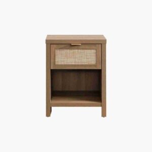 Caramel oak rattan nightstand with drawer storage and woven detail for stylish bedroom organization and use.