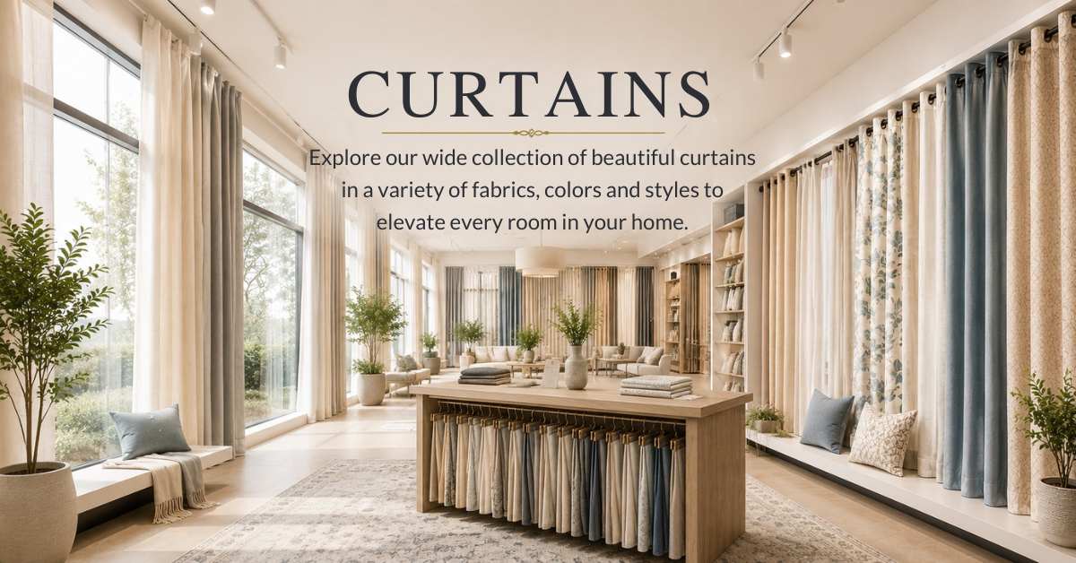 A bright, elegant curtains showroom featuring a wide collection of drapery displays, fabric samples, and large windows with hanging curtains.