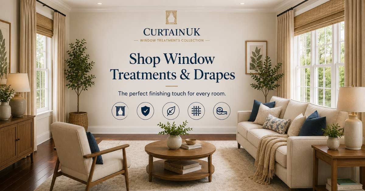The CurtainUK Collection - Luxury Drapery for Every Room Elegant living room featuring CurtainUK window treatments with floor-to-ceiling drapes, large windows, dark hardwood floors, and stylish furniture creating a warm and sophisticated atmosphere.