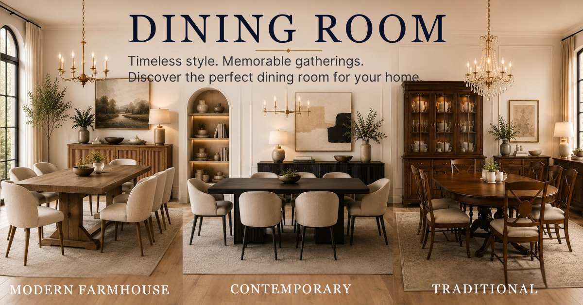 Luxury dining room showroom featuring modern farmhouse, contemporary and traditional styles