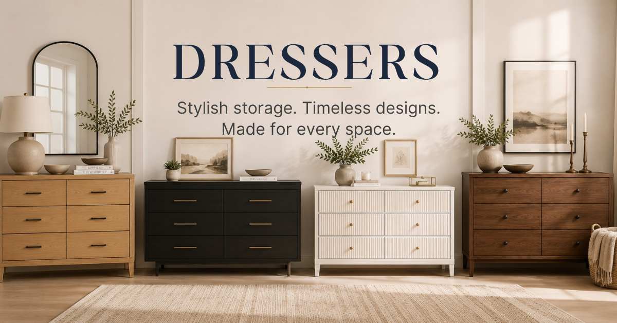 Luxury furniture showroom with modern, black, white and walnut dressers 