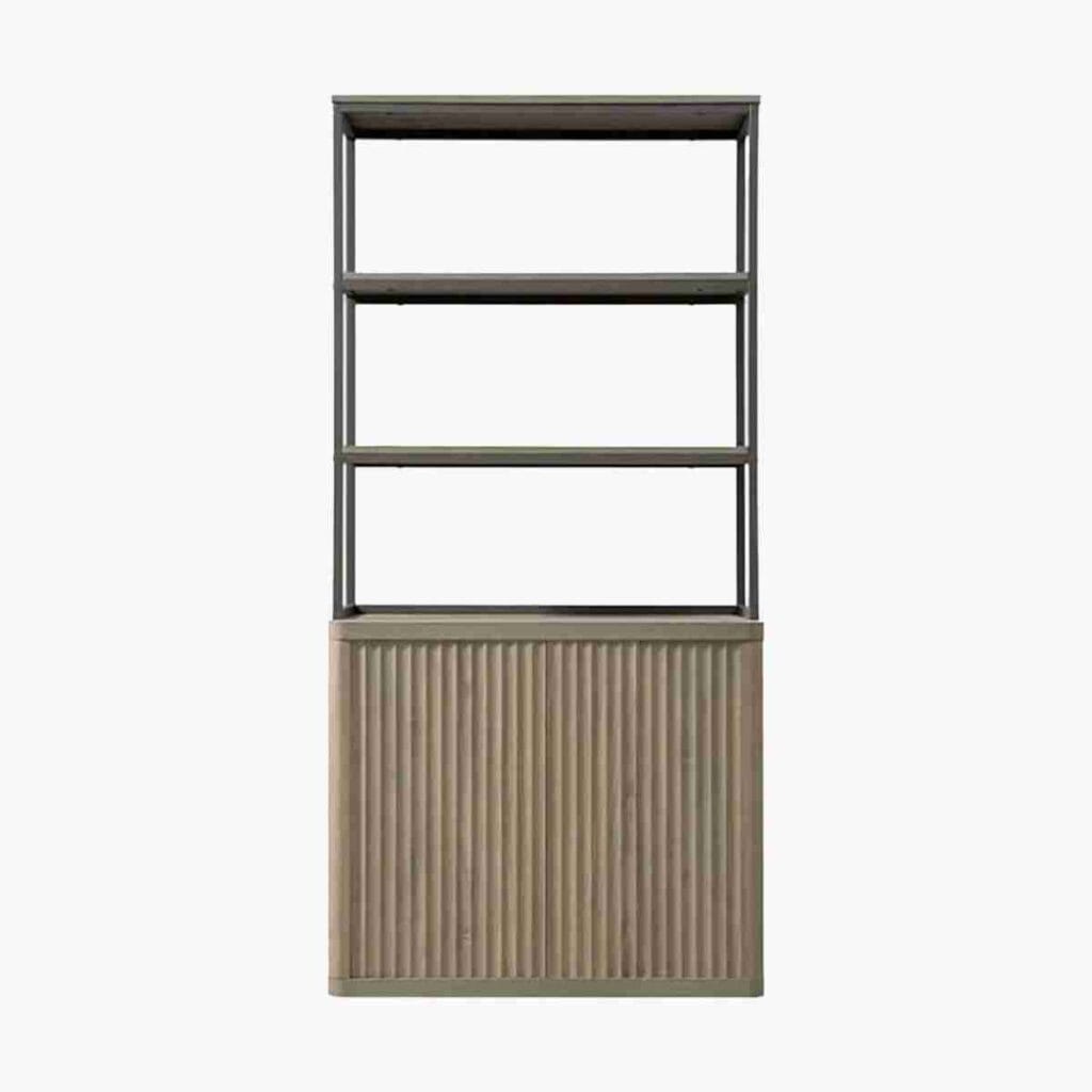Bookshelves 4 Minimalist grey alder bookshelf with doors for a clean home office look.