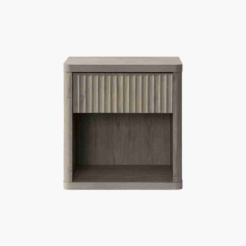 Functional grey alder nightstand with an open storage cubby.