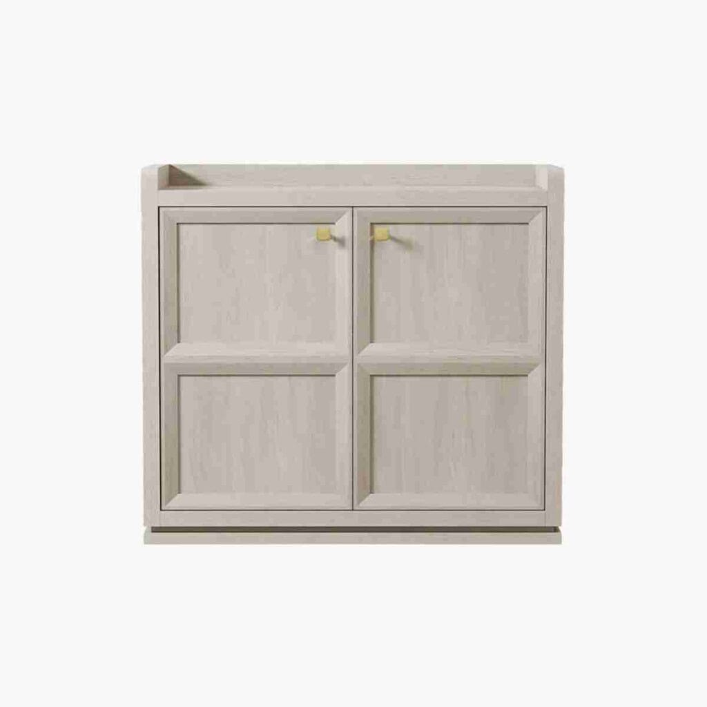 Minimalist grey white sideboard with doors for dining room organization.