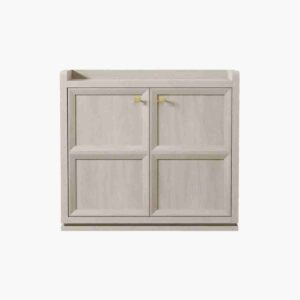 Minimalist grey white sideboard with doors for dining room organization.