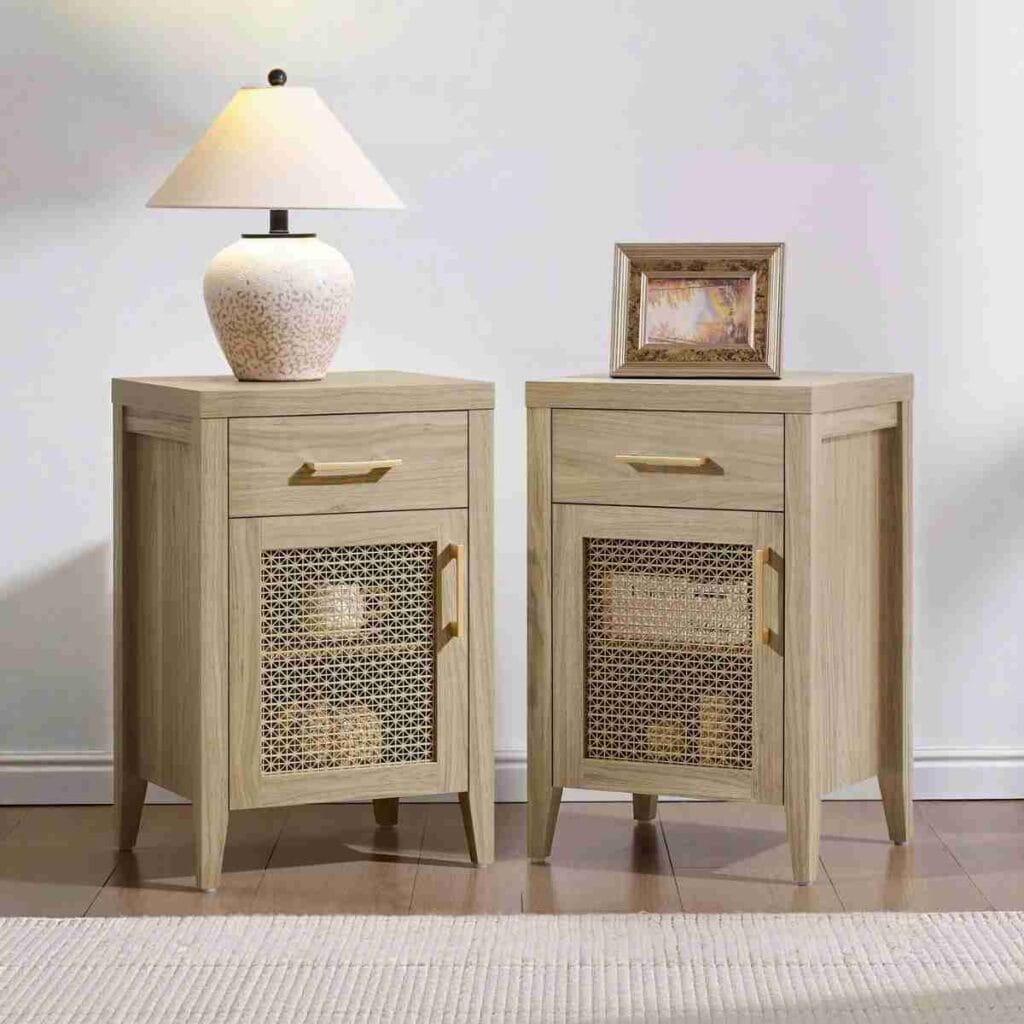 Honey oak nightstand featuring a decorative golden mesh door.