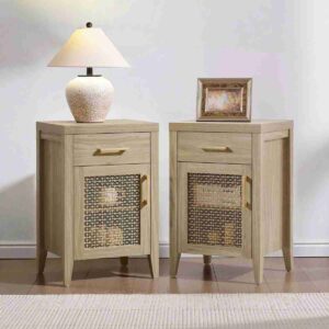 Honey oak nightstand featuring a decorative golden mesh door.