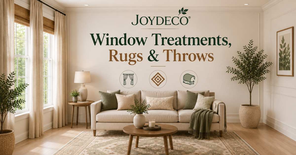 JOYDECO Window Treatments, Rugs & Throws – Style and Comfort for Every Room Elegant living room featuring JOYDECO window treatments, decorative rugs and cozy throws with large windows, soft neutral furniture, and natural décor creating a warm and inviting space.