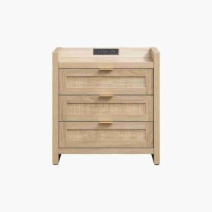 Functional light oak 3 drawer stand with a rustic reclaimed wood look.