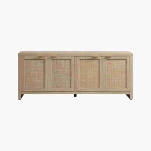 Long light oak 4 door tv stand in reclaimed wood for media equipment.