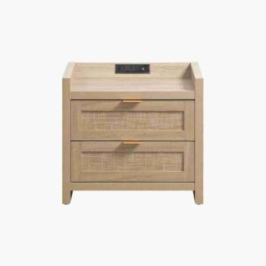 Light oak charging nightstand with built in charging station and storage for modern bedroom convenience.
