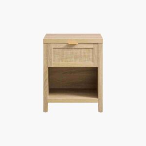 Light oak rattan nightstand with woven design and drawer storage for stylish bedroom organization and use.
