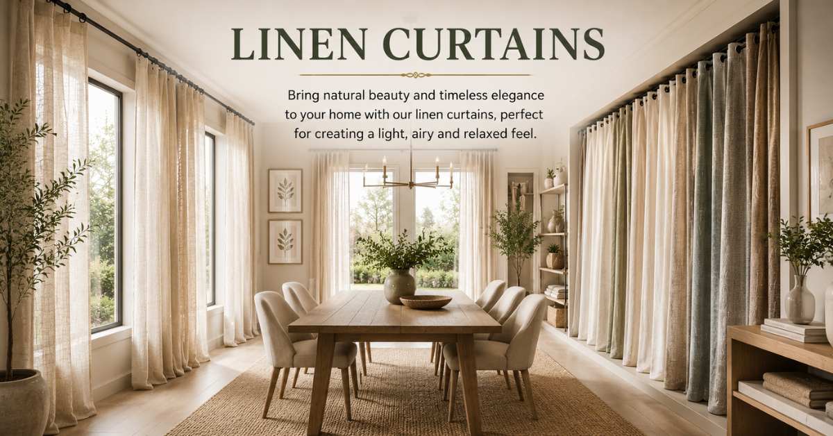 Browse Light and Airy Linen Curtains Collection A bright dining room showroom featuring elegant linen curtains, a wooden dining table, and a wide display of textured linen drapery samples.