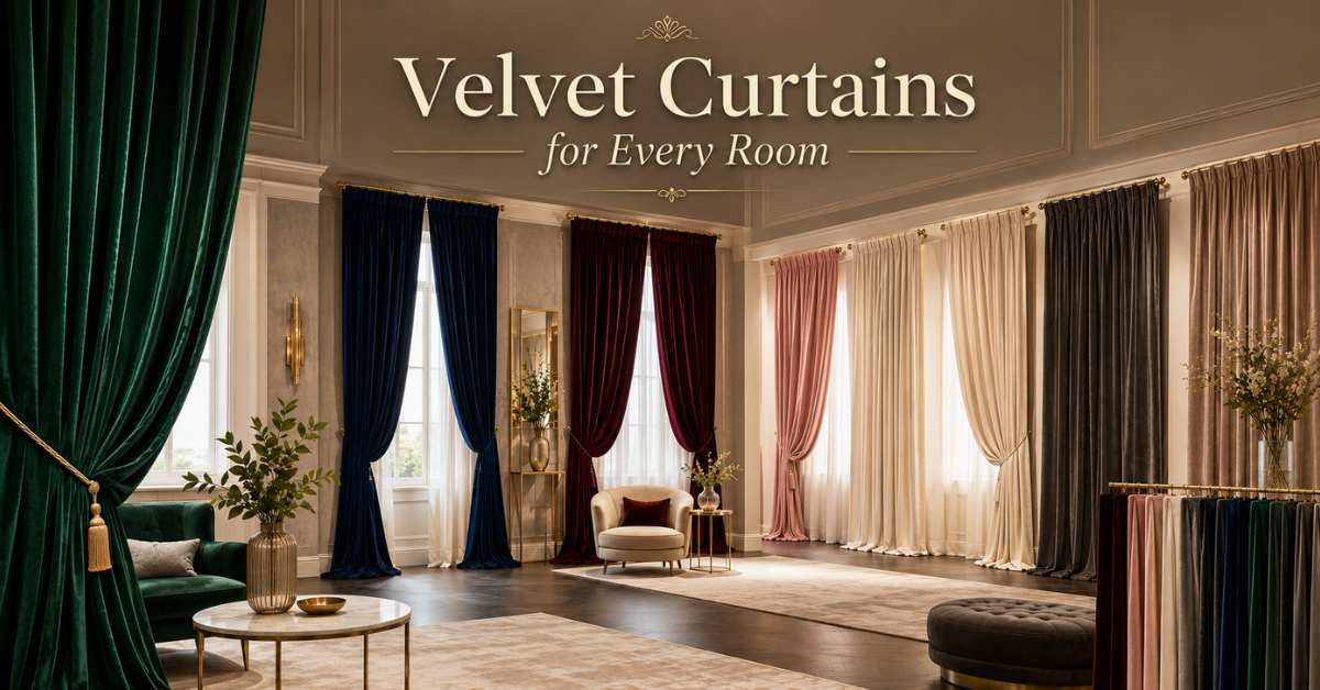 A professional showroom display showcasing elegant velvet curtains in rich colors hanging neatly alongside modern decor.