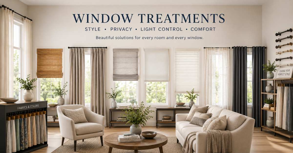 A cozy living room showroom display showcasing a variety of custom window treatments including woven wood shades, linen drapes, Roman shades, roller blinds, and sheer curtains