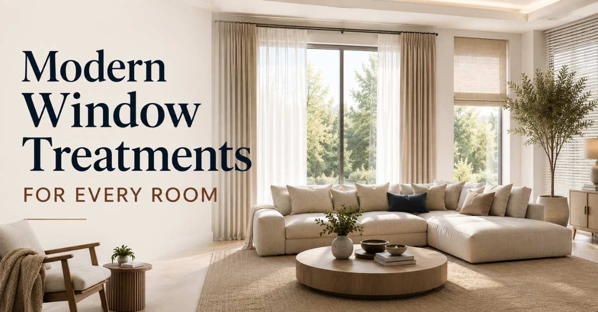 Modern Window Treatments for Living Rooms and Every Room in the Home Modern custom window treatments for every room with large windows, sheer curtains, woven shades, and a cozy contemporary living room.