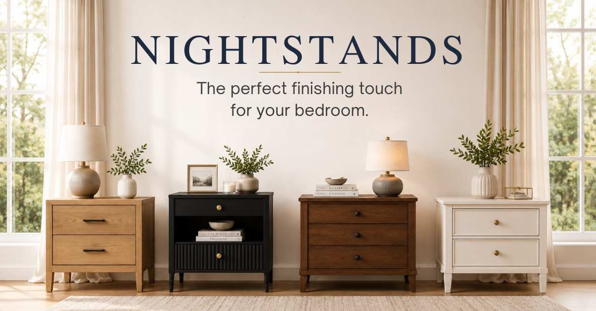 Luxury bedroom showroom featuring different nightstands, styles and finishes 