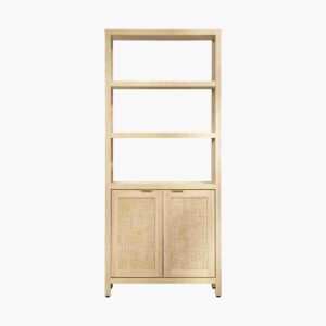 Natural rattan bookshelf light oak blending modern and bohemian styles.