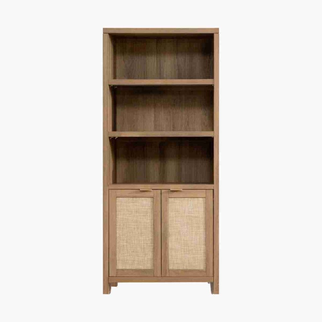 Bookshelves 2 Caramel oak bookcase 5 shelf with open storage and elegant display space for stylish living room organization.