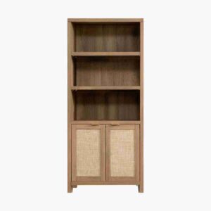 Caramel oak bookcase 5 shelf with open storage and elegant display space for stylish living room organization.