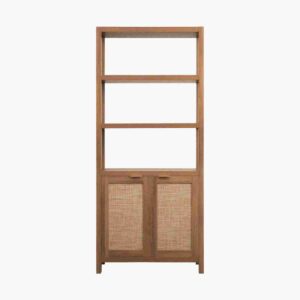 Caramel oak tall bookcase with spacious shelving and elegant display storage for stylish living room organization.
