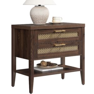 Sicotas Andy espresso 2 door nightstand styled in a bedroom setting with a lamp and decor.