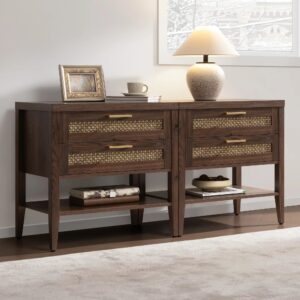 Rich Sicotas Andy espresso nightstand set arranged perfectly next to a bed in a cozy room scene.
